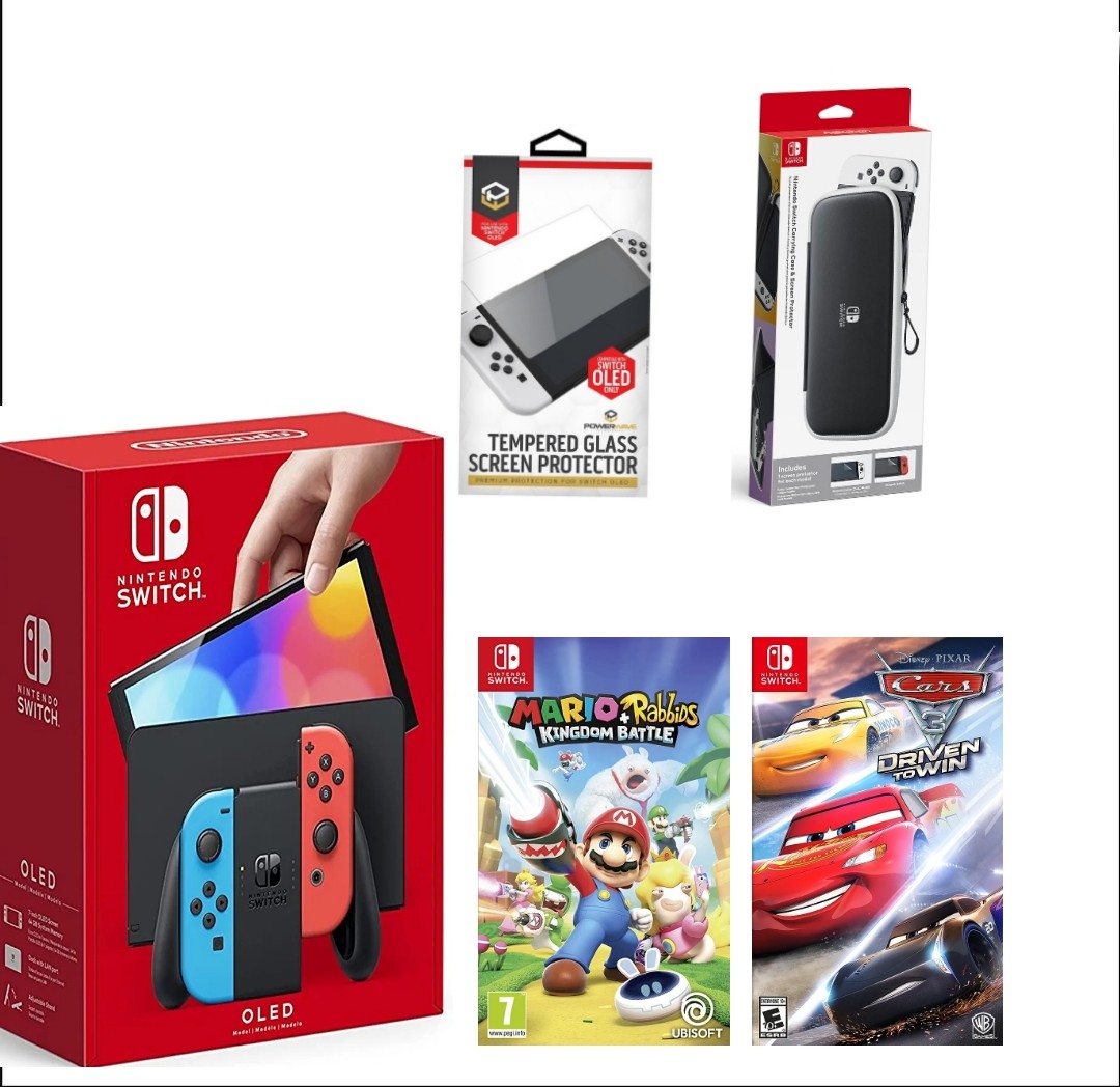 Nintendo Switch Oled Neon RED/BLUE + Mario Rabbids Kingdom Battle + Cars 3  + Bag + Screen Protector